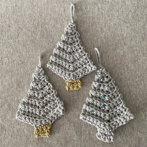 Handmade Crochet Pale Blue/Grey Holiday Christmas Tree Hang Decorations Set of 3 - Picture 1 of 5